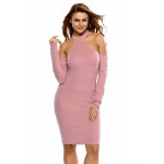 Pink Knit Ribbed Choker Off Shoulder Dress